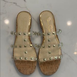 Jessica Simpson clear studded sandals.